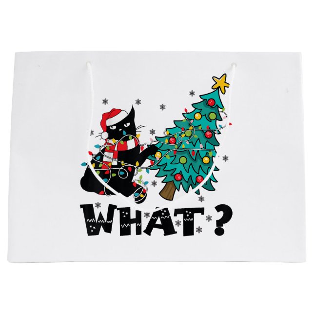 WHAT Funny Black Cat Santa Pushing Christmas Tree  Large Gift Bag (Front)