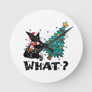 WHAT Funny Black Cat Santa Pushing Christmas Tree Round Clock