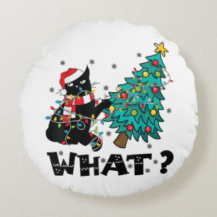 WHAT Funny Black Cat Santa Pushing Christmas Tree Round Cushion