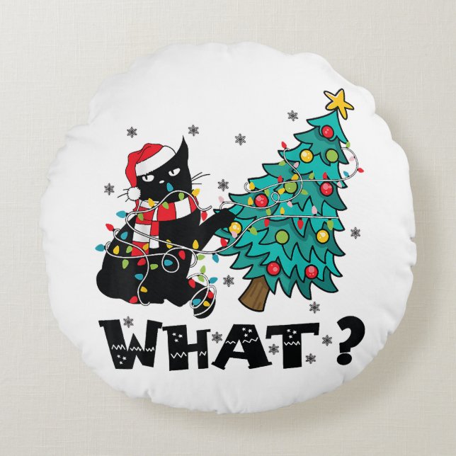 WHAT Funny Black Cat Santa Pushing Christmas Tree  Round Cushion (Front)