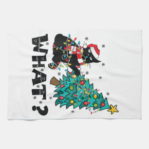 WHAT Funny Black Cat Santa Pushing Christmas Tree  Tea Towel