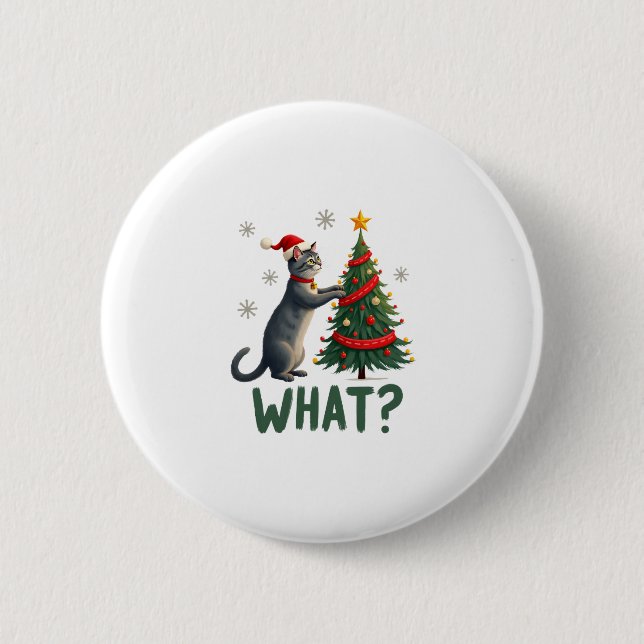 What Funny Cat Pushing Christmas Tree Over Cat Xma 6 Cm Round Badge (Front)