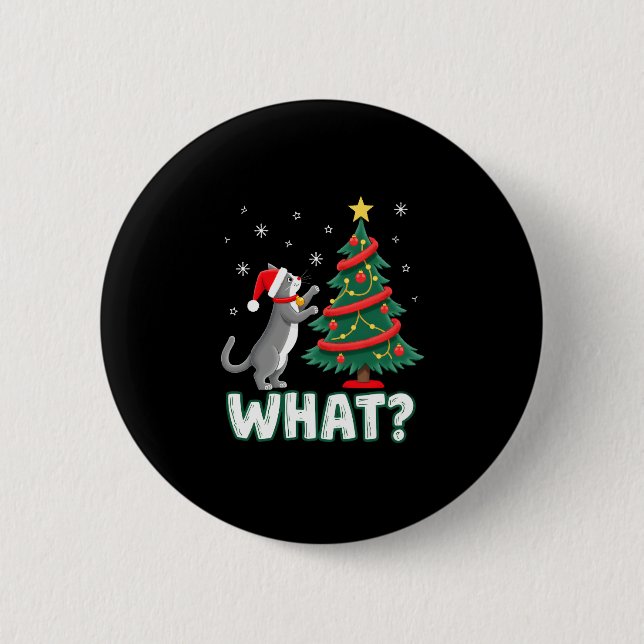 What Funny Cat Pushing Christmas Tree Over Cat Xma 6 Cm Round Badge (Front)