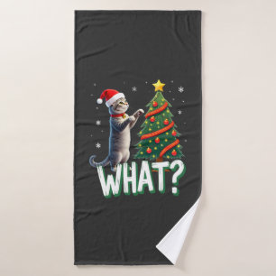 What Funny Cat Pushing Christmas Tree Over Cat Xma Bath Towel