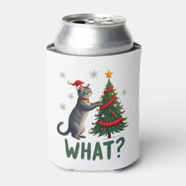 What Funny Cat Pushing Christmas Tree Over Cat Xma Can Cooler (Can Front)