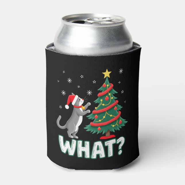 What Funny Cat Pushing Christmas Tree Over Cat Xma Can Cooler (Can Front)