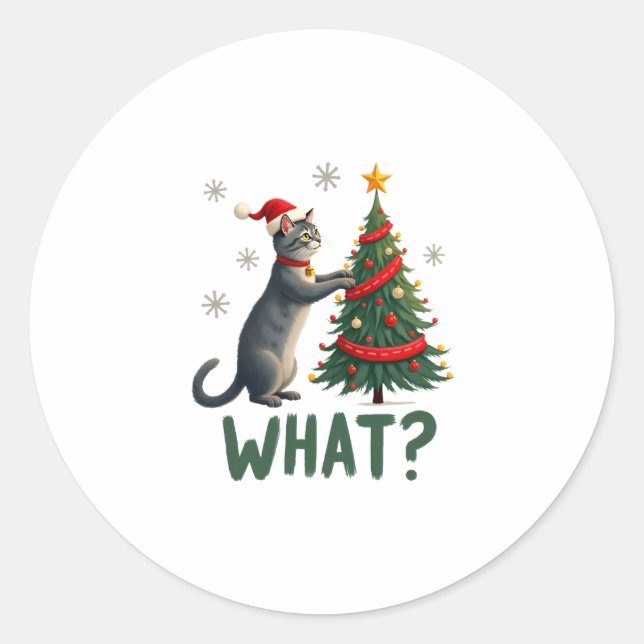 What Funny Cat Pushing Christmas Tree Over Cat Xma Classic Round Sticker (Front)