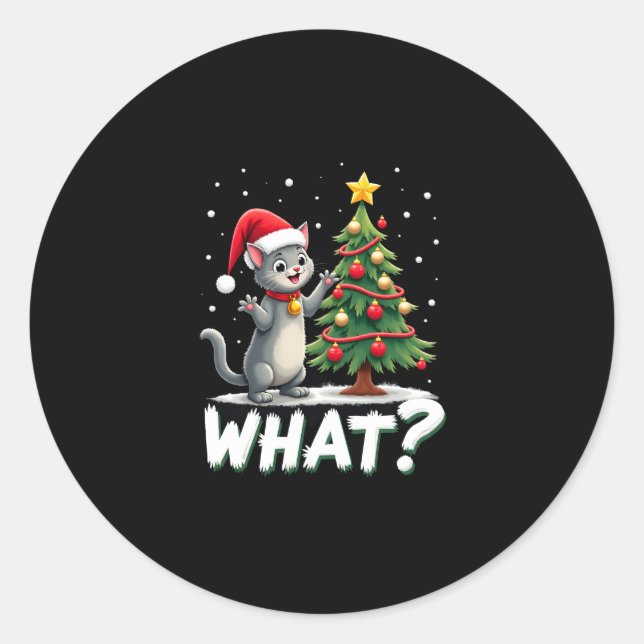 What Funny Cat Pushing Christmas Tree Over Cat Xma Classic Round Sticker (Front)