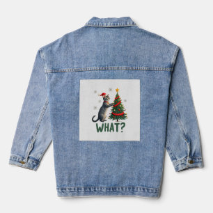 What Funny Cat Pushing Christmas Tree Over Cat Xma Denim Jacket