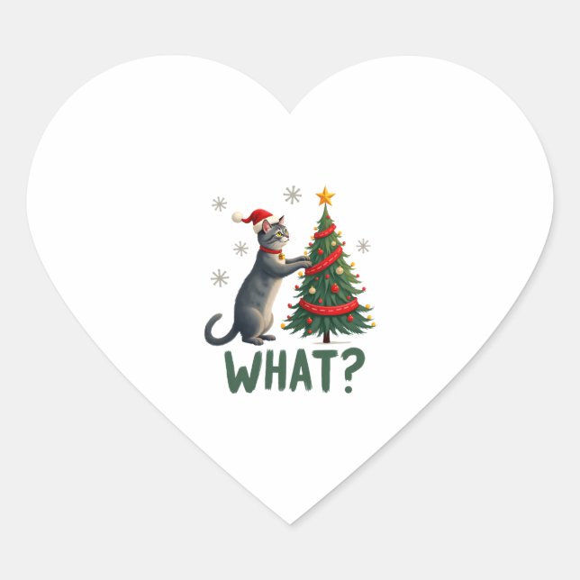 What Funny Cat Pushing Christmas Tree Over Cat Xma Heart Sticker (Front)