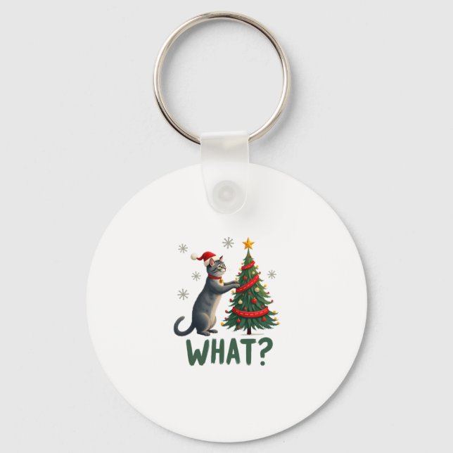 What Funny Cat Pushing Christmas Tree Over Cat Xma Key Ring (Front)