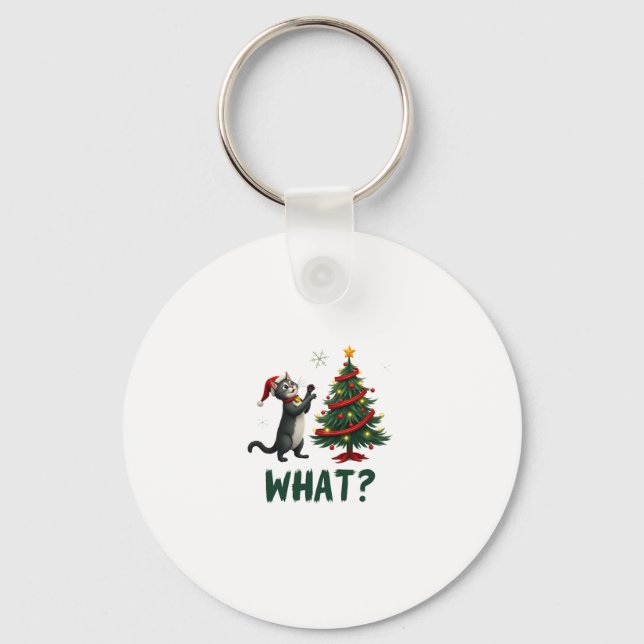 What Funny Cat Pushing Christmas Tree Over Cat Xma Key Ring (Front)