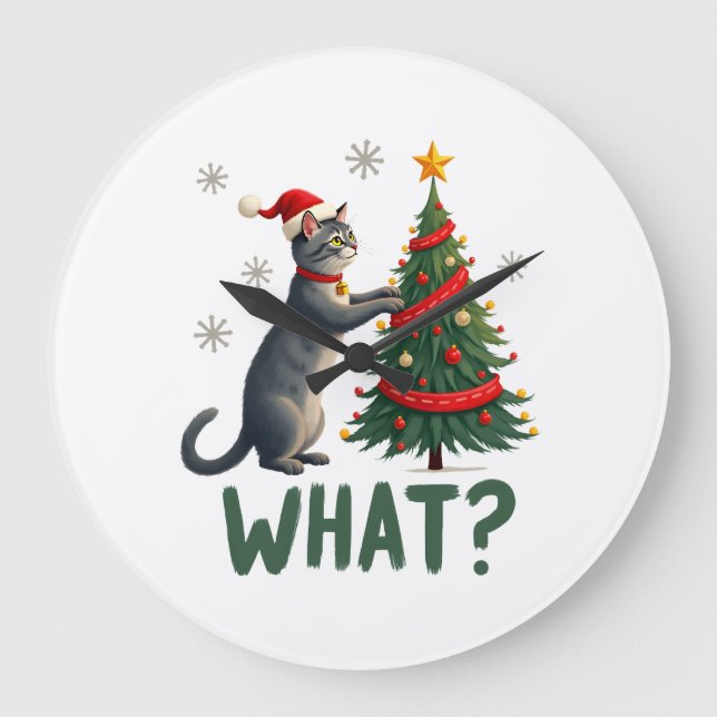 What Funny Cat Pushing Christmas Tree Over Cat Xma Large Clock (Front)