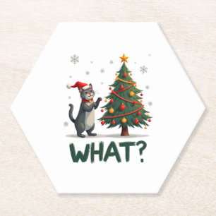 What Funny Cat Pushing Christmas Tree Over Cat Xma Paper Coaster