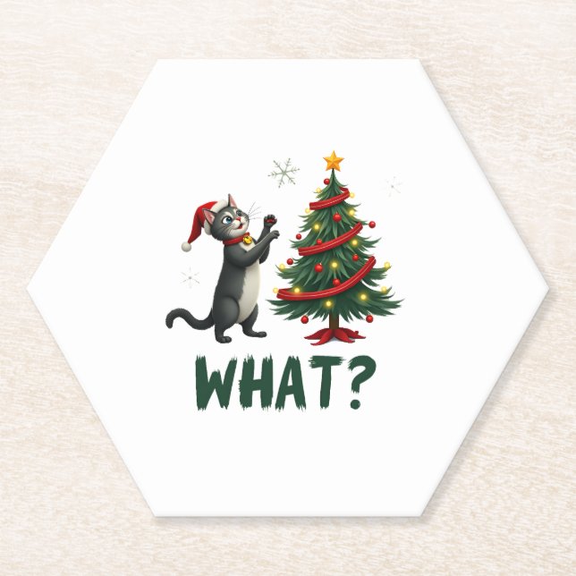 What Funny Cat Pushing Christmas Tree Over Cat Xma Paper Coaster (Front)
