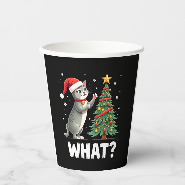 What Funny Cat Pushing Christmas Tree Over Cat Xma Paper Cups (Front)