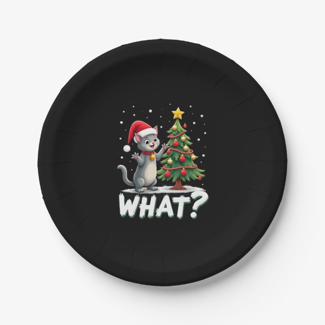 What Funny Cat Pushing Christmas Tree Over Cat Xma Paper Plate (Front)