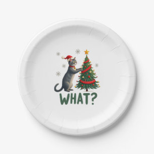 What Funny Cat Pushing Christmas Tree Over Cat Xma Paper Plate