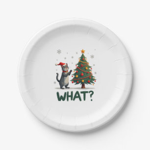 What Funny Cat Pushing Christmas Tree Over Cat Xma Paper Plate
