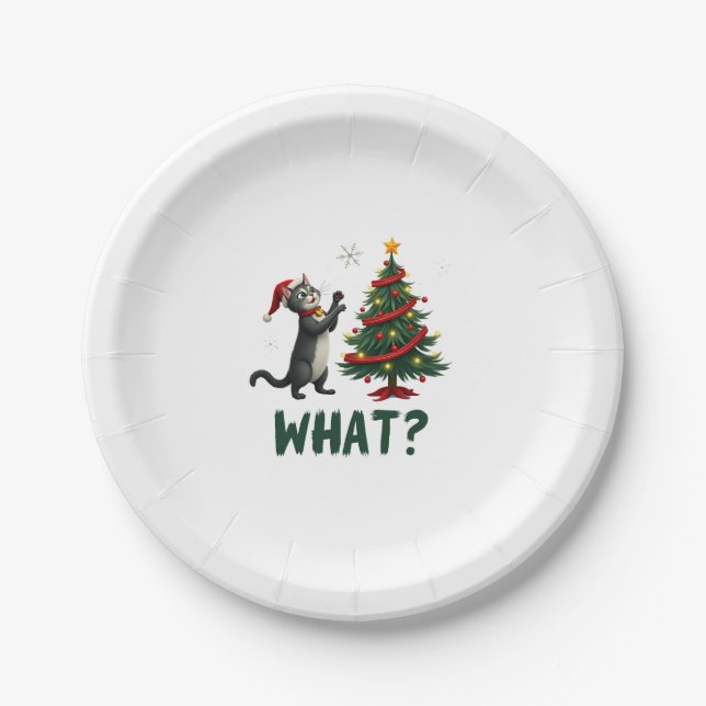 What Funny Cat Pushing Christmas Tree Over Cat Xma Paper Plate (Front)
