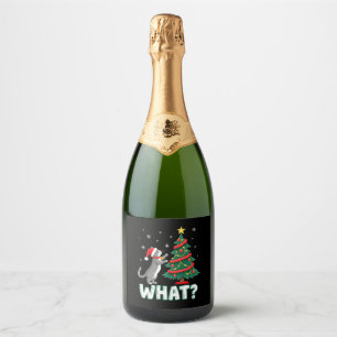 What Funny Cat Pushing Christmas Tree Over Cat Xma Sparkling Wine Label