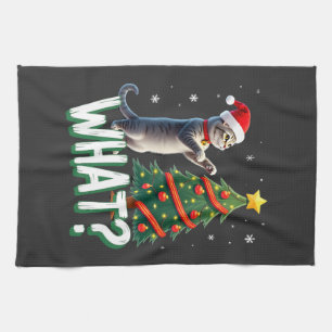What Funny Cat Pushing Christmas Tree Over Cat Xma Tea Towel