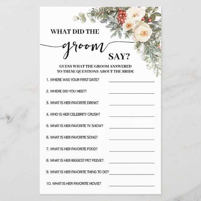 What Groom Say Winter Bridal Shower Game Card (Front)