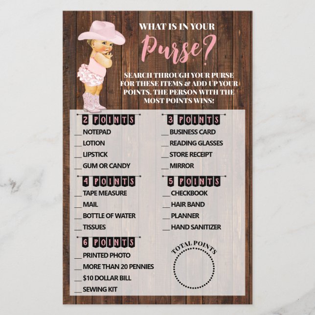 What In Your Purse Cowgirl Baby Shower Game Card (Front)