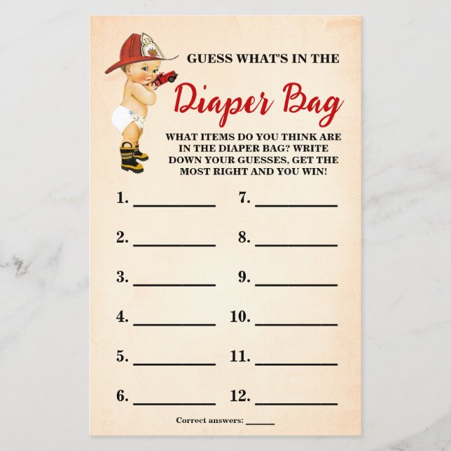 What is In Diaper Bag Firefighter Shower Game Card (Front)