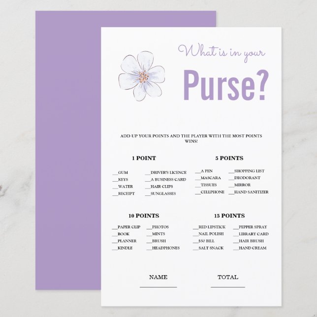 What is in Purse Bridal Shower Game (Front/Back)