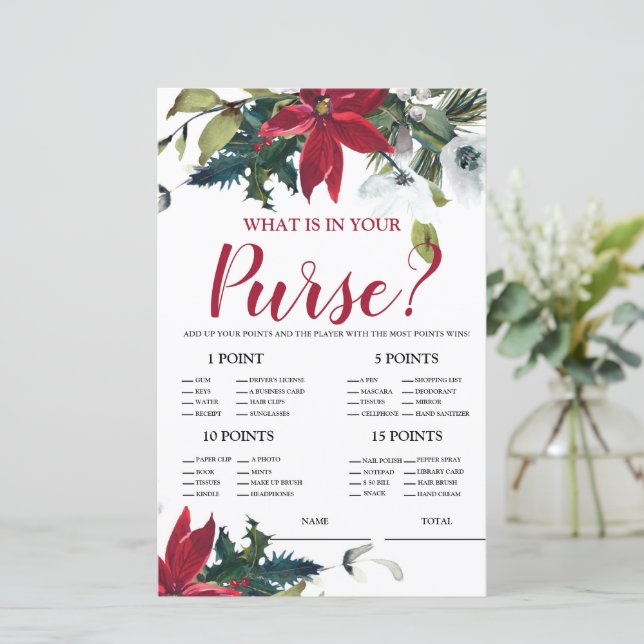 What is in Purse Christmas Poinsettia Bridal Game (Standing Front)