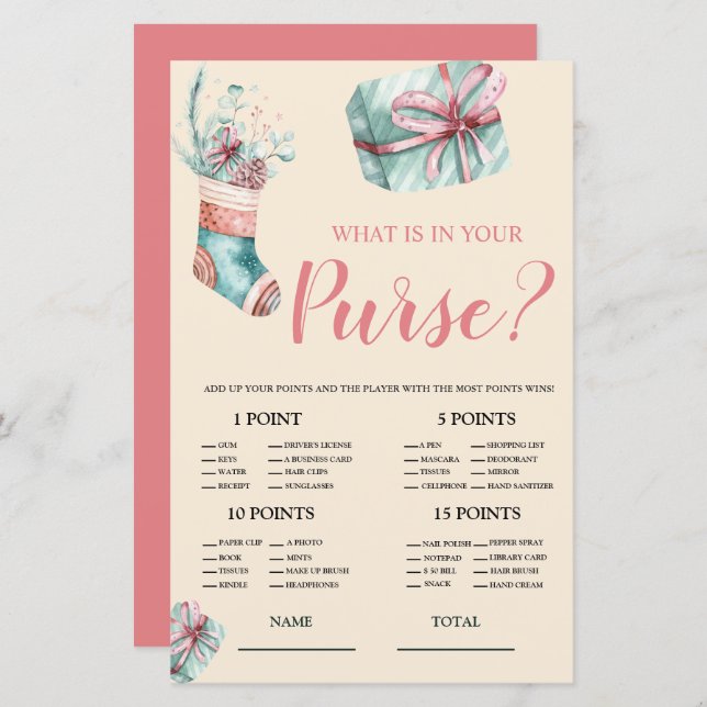 What is in Purse Christmas Stocking Bridal Game (Front/Back)