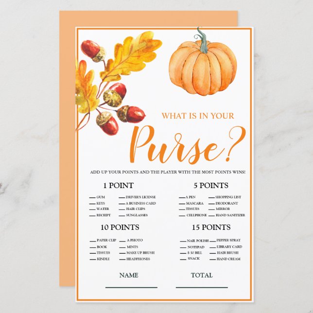 What is in Purse Fall Pumpkin Bridal Game (Front/Back)