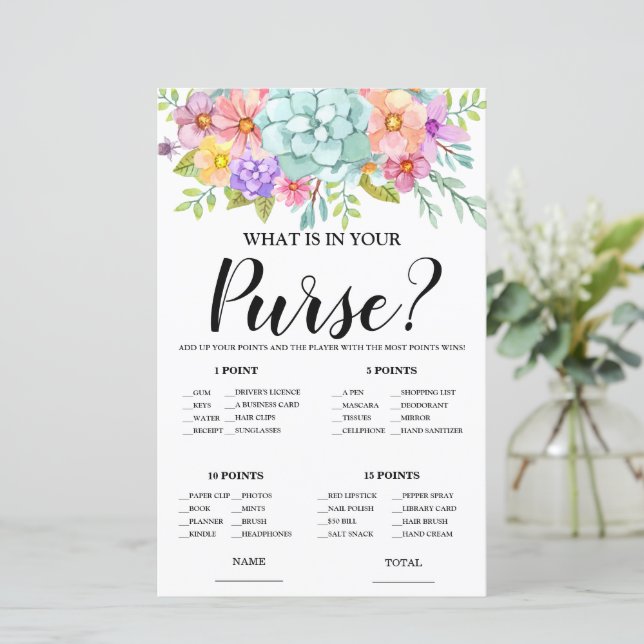 What is in Purse Pink Floral Bridal Game (Standing Front)