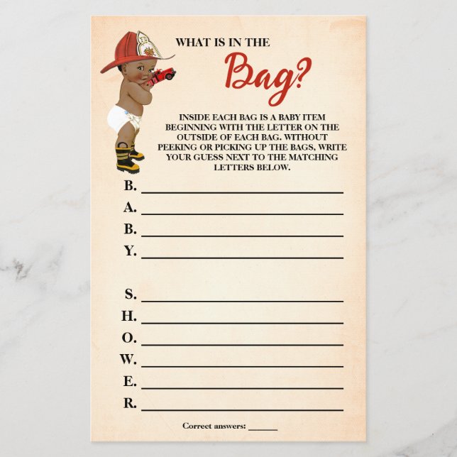 What is in the Bag AA Firefighter Baby Shower Game Flyer (Front)