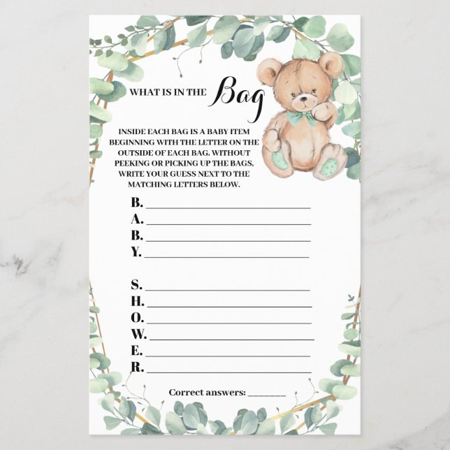 What is in the Bag Bear Baby Shower Game Card (Front)