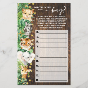 What is in the Bag Rustic Safari Baby Shower Game Flyer