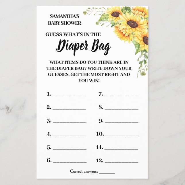What is in the diaper bag baby shower game card (Front)