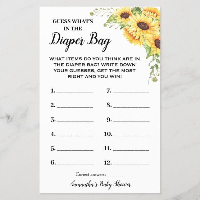 What Is In The Diaper Bag Baby Shower Game Card (Front)