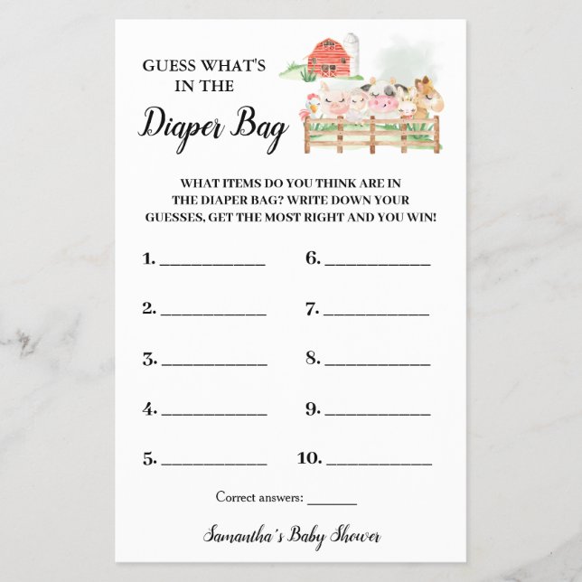 What is in the Diaper Bag Farm Shower Game card (Front)