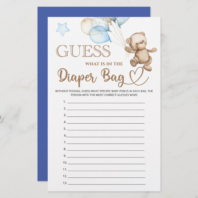 What is in the diaper bag Teddy bear baby shower (Front/Back)