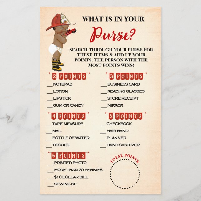 What is in your Purse AA Fireman Baby Shower Card (Front)