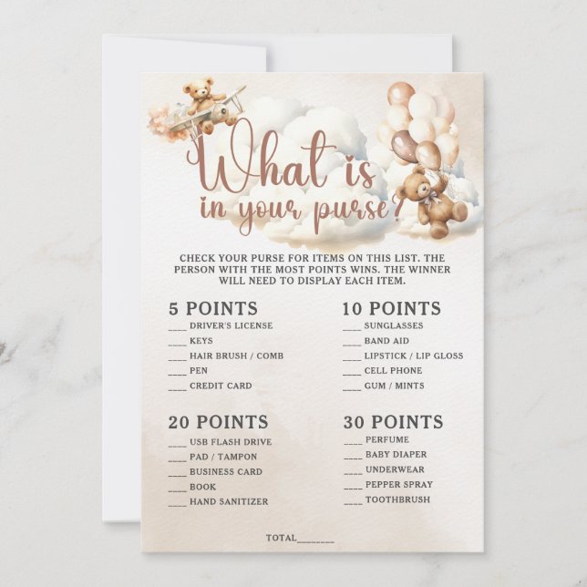 WHAT IS IN YOUR PURSE Baby Shower Game Cute Bear Invitation (Front)