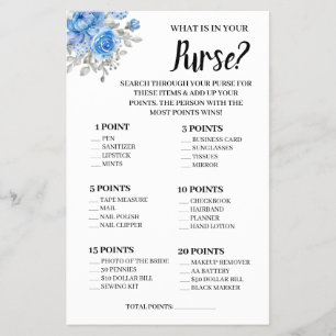 What is in your Purse Blue Flower Shower Game Card