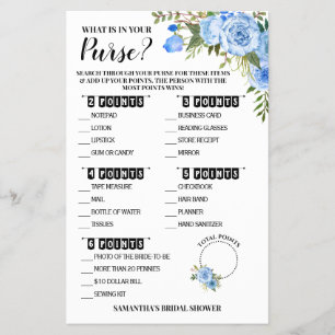 What is in your Purse Bridal Shower Blue Game Card