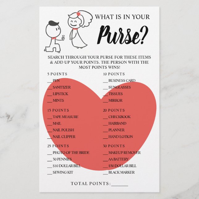 What is in your Purse Bridal Shower Game Card (Front)
