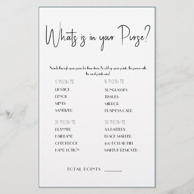 What is in your Purse? Game Card Flyer (Front)