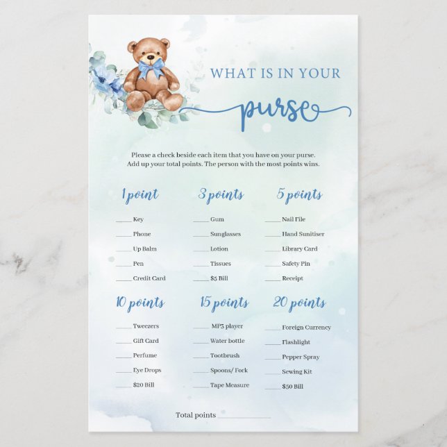 What is in Your Purse Game Teddy Bear Eucalyptus (Front)