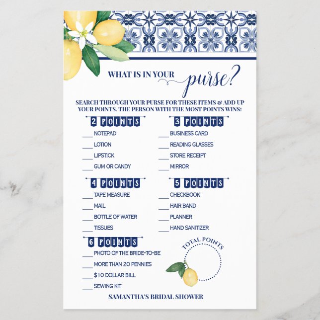 What is in your Purse Mediterranean Shower Game Flyer (Front)