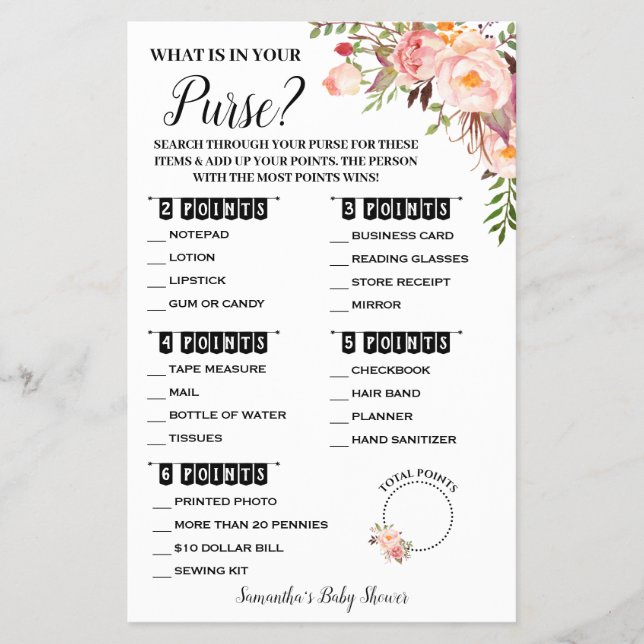 What Is In Your Purse Pink Baby Shower Game Card (Front)